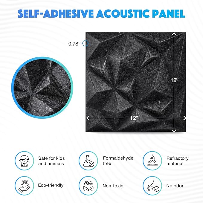 Acoustic 3D Wall Panels,12Pack Sound Proof Felt Panels for Interior Wall Décor, Hollow Sound Absorbing Panel for Studio, Living Room, Home, Hotel, 12''x12'' Cover 24 sq ft (Black, 12 Pack)