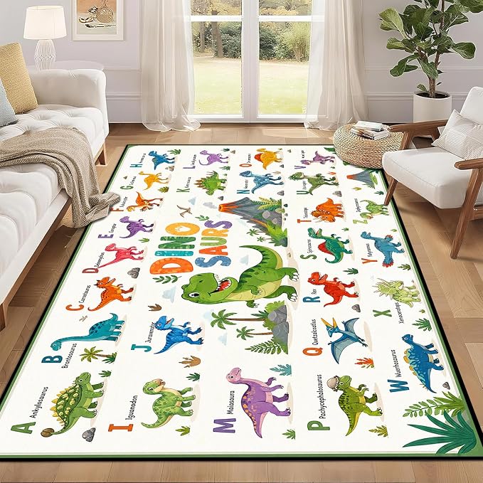 6'x9' Dinosaur Area Rug ABC Alphabet Educational Rugs for Bedroom Living Room Nursery Kitchen Playroom Home Decor Washable Cute Cartoon Dinosaur Floor Mat Carpet