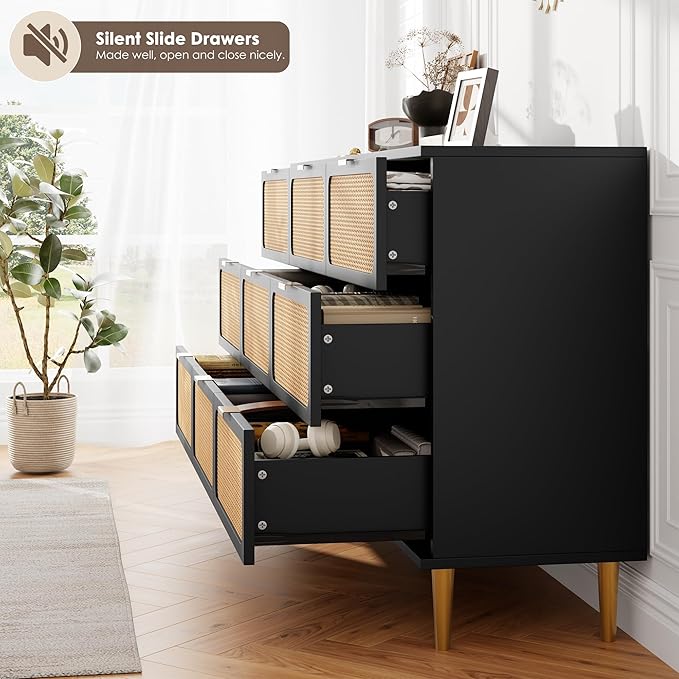 Garvee Rattan Dresser with 9 Drawers, Tall Modern Closet with Deep Storage, Large Chest of Drawers with Wide Top, Long Wooden Dresser for Bedroom, Living Room, Hallway, Kids Room, Black