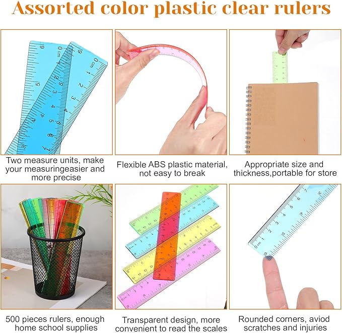 120 Pcs 6 Inch Rulers Bulk Plastic Flexible Small Straight Rulers with Inches and Centimeters First Day of School Gift for Students Back to School Office Supplies(Colorful, Transparent)