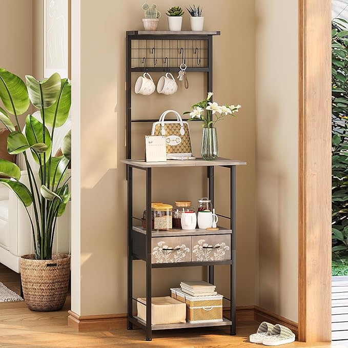 GiftGo Small Coffee Bar Station Narrow Corner Baker Rack Stand with 2 Storage Fabric Drawers 5 S Hooks for Small Spaces Farmhouse Bakers Rack for Kitchen, Entryway, Living Room (Grey, Narrow)