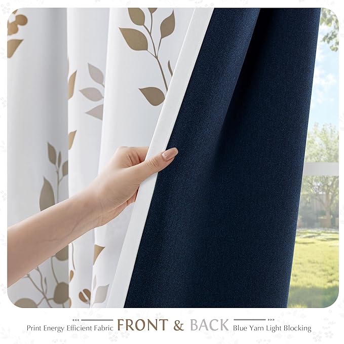 Beauoop Floral 100% Blackout Curtains 63 Inch Length 2 Panels for Bedroom Living Room Tan Brown and White Flower Patterned Room Darkening Thermal Soundproof Rod Pocket Back Tab Window Drapes, 52X63