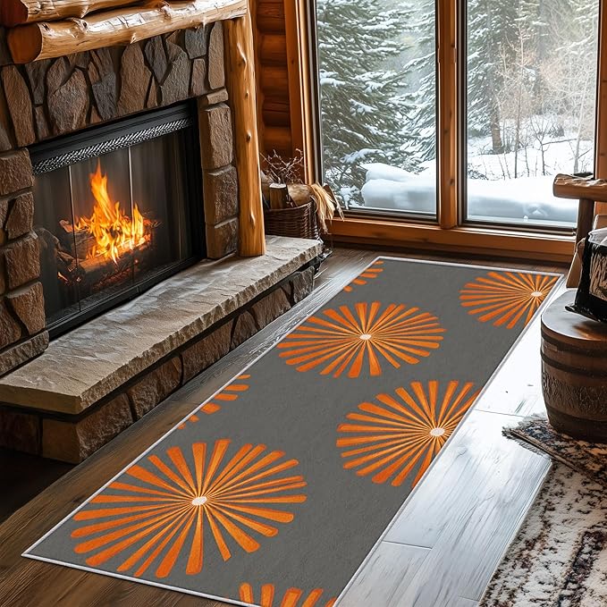 Mid Century Modern Runner Rug 3x11, Sunburst Starburst Design, Retro Geometric Area Rug, Washable Carpet Runner for Bedroom, Standard Hallways, Kitchen Walkway, Dining Room Sideboard