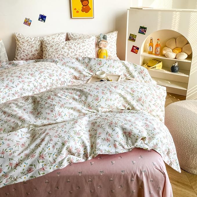 LifeTB 3 Pieces Girls Floral Comforter Set Twin XL Pink Flower Bedding Comforter with 2 Pillowcases Fluffy Cozy Cottagecore Bedding Boho Farmhouse Vintage Botanical Comforter Set for All Seasons