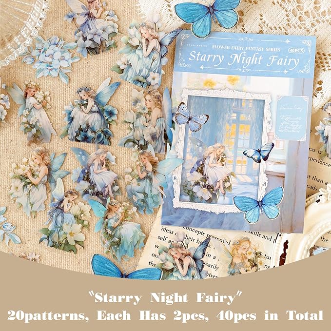 SIBLYMONA Vintage Fairy Stickers 120Pcs Transparent Stickers for Scrapbooking Journaling, Floral Butterfly Cottagecore Junk Journal Scrapbook Supplies, Rub On Transfers for Crafts (120, Blue)