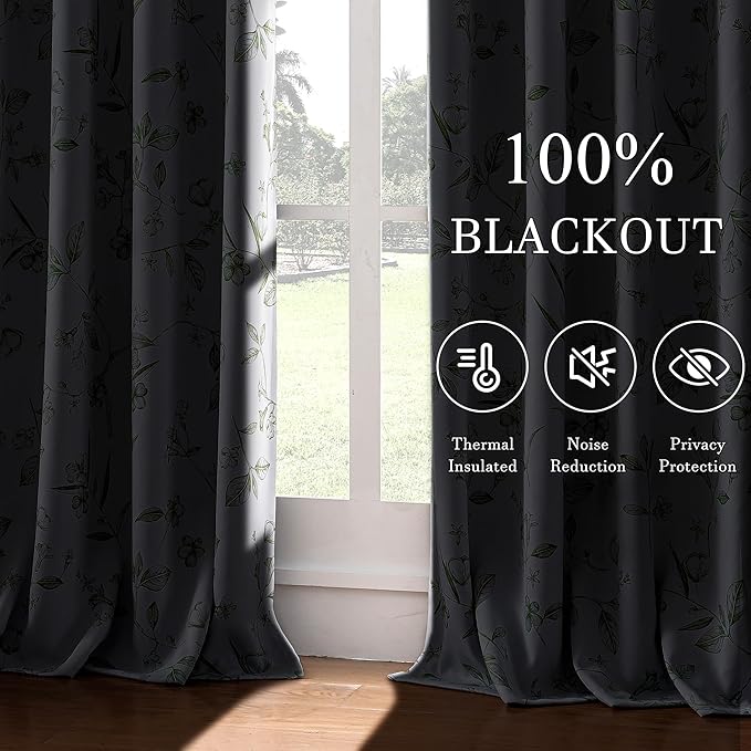 ChrisDowa 100% Blackout Floral Curtains 84 Inches Long 2 Panels for Bedroom Living Room Sage Green Flower Patterned Room Darkening Thermal Insulated Soundproof Grommet Window Treatments Drapes,52X84