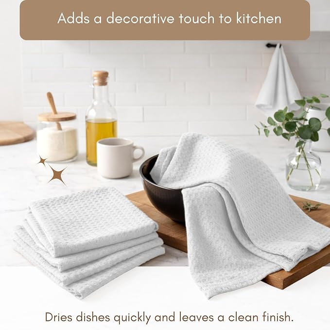 TWINY threads Waffle Kitchen Towel, Premium Large Kitchen Linen Set, 100% Cotton Dish Cloths, Absorbent Quick Drying Wash Rags for Drying Dishes, Reusable, Set of 6, 16x26 Inches, White