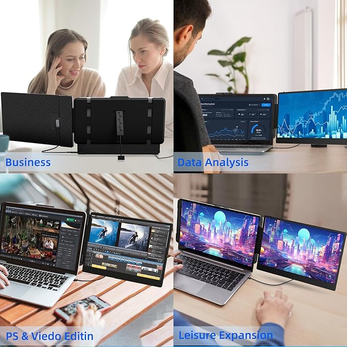 BKVOO Laptop Screen Extender Travel Monitor - 14" Dual Portable Monitor IPS FHD 1080P Travel Work Extra Screen Plug and Paly USB-C HDMI Port Compatible with Wins Mac Chrome Dex Fits 13-17" Laptops