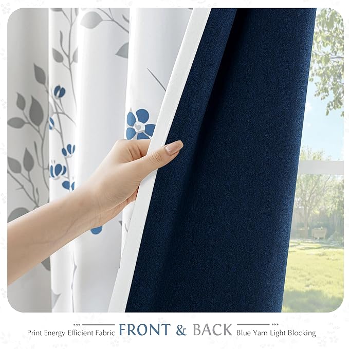Beauoop Floral 100% Blackout Curtains 54 Inch Length 2 Panels for Bedroom Living Room Blue Grey and White Flower Patterned Room Darkening Thermal Soundproof Grommet Window Treatments Drapes, 52X54