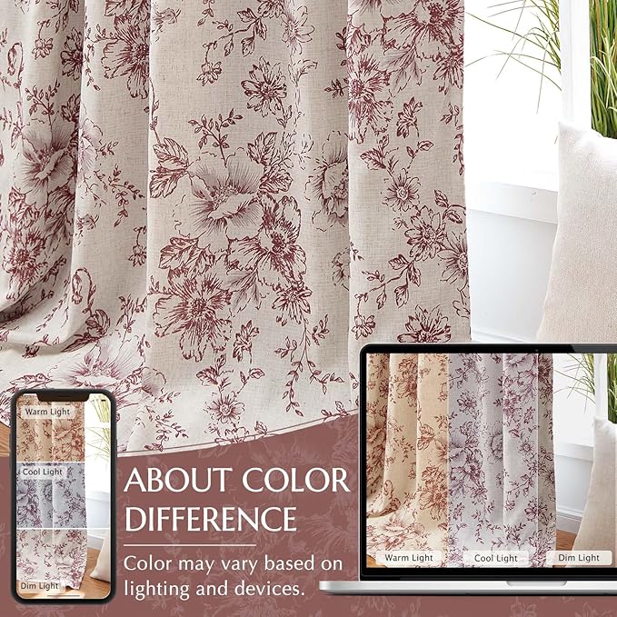 jinchan Blackout Floral Curtains Linen Blend Curtain for Living Room 90 Inch Length Christmas Brick Red Flower Printed Drapes for Bedroom Rod Pocket Back Tab Farmhouse Curtains Set 2 Panels