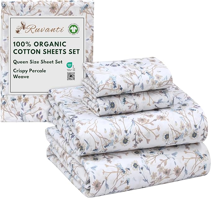 RUVANTI 100% Organic Cotton Sheets Queen Size, Percale Weave, GOTS Certified, 4-Piece Set, Deep Pocket 15", Crisp & Breathable, Soft Durable Bedding, Sábanas Algodón Orgánico – Tranquil