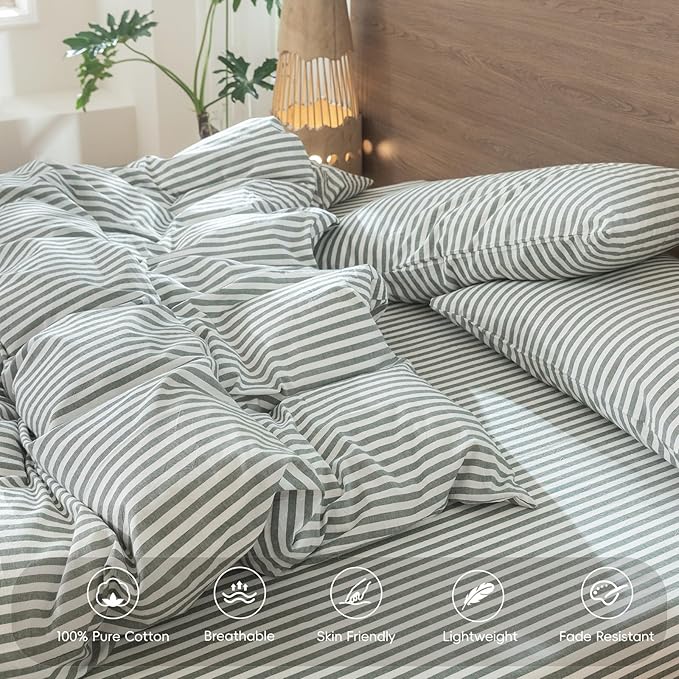 MooMee Striped Duvet Cover Set 100% Washed Cotton Linen Like Textured Breathable Durable Soft Comfy (Heathered Green Classic Stripes, Super Queen 90"x98")
