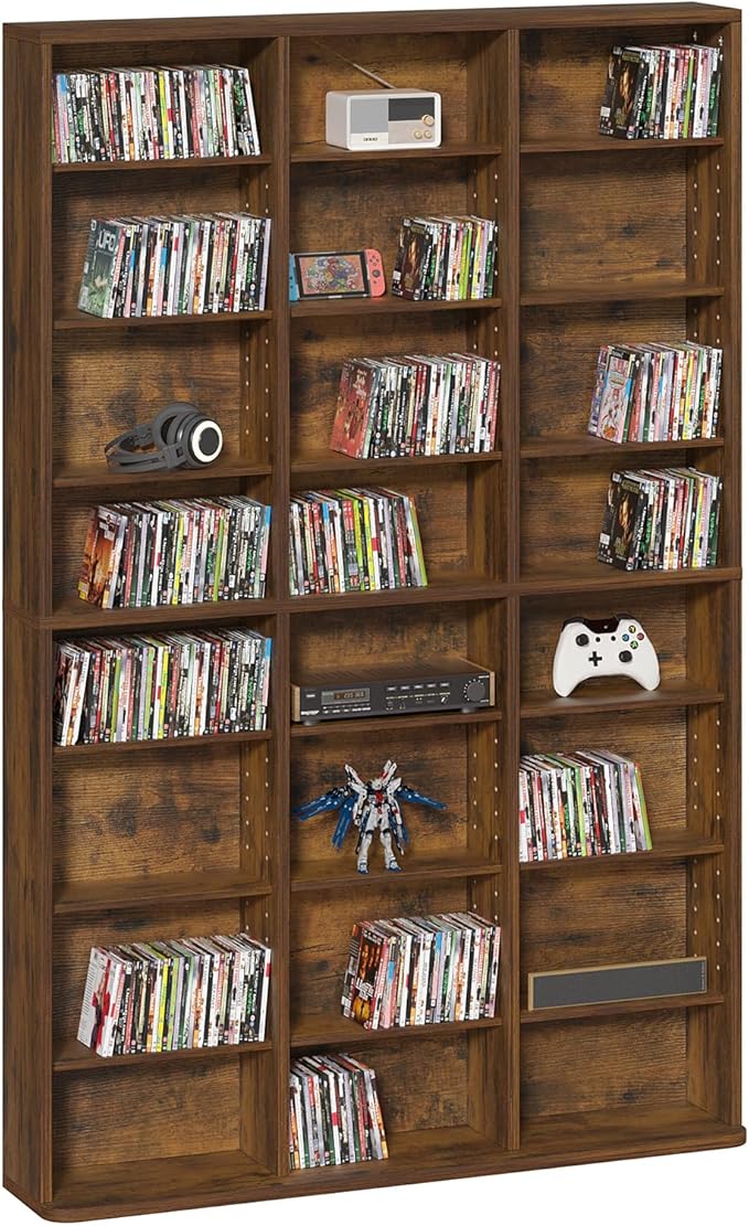 LELELINKY 8 Tier Tall Display Cabinet, Brown Media Storage Cabinet with Adjustable Shelves, Free Standing DVD Organizer Shelf, Floor Multimedia Storage Manga Bookshelf for Living Room & Home Office.