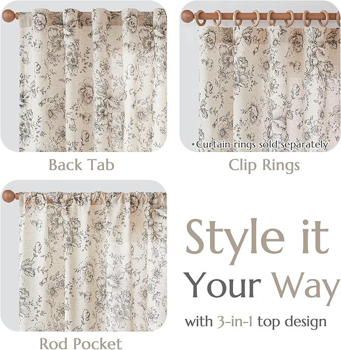 jinchan Linen Blend Curtain Floral Curtains for Living Room 84 Inch Length Farmhouse Curtain Rod Pocket Back Tab Black Printed Peony Flower Patterned Drapes Bedroom Window Curtains Set 2 Panels