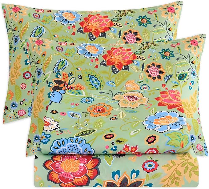 Bedlifes King Size Extra Deep Pocket Sheet Sets - Fits Mattresses Up to 18-24" Thick, 4-Piece Microfiber Set with 1800 Thread Count, Soft, Smooth, Breathable, Featuring Floral Sage Green