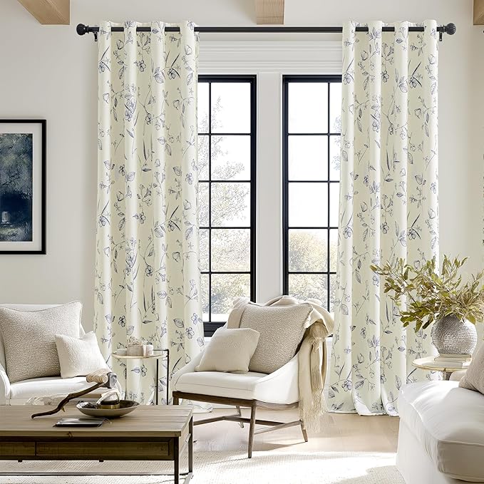 ChrisDowa Beige 100% Blackout Curtains 96 Inches Long 2 Panels for Bedroom Living Room Navy Blue Flower Patterned Room Darkening Thermal Insulated Soundproof Grommet Window Treatments Drapes,52X96