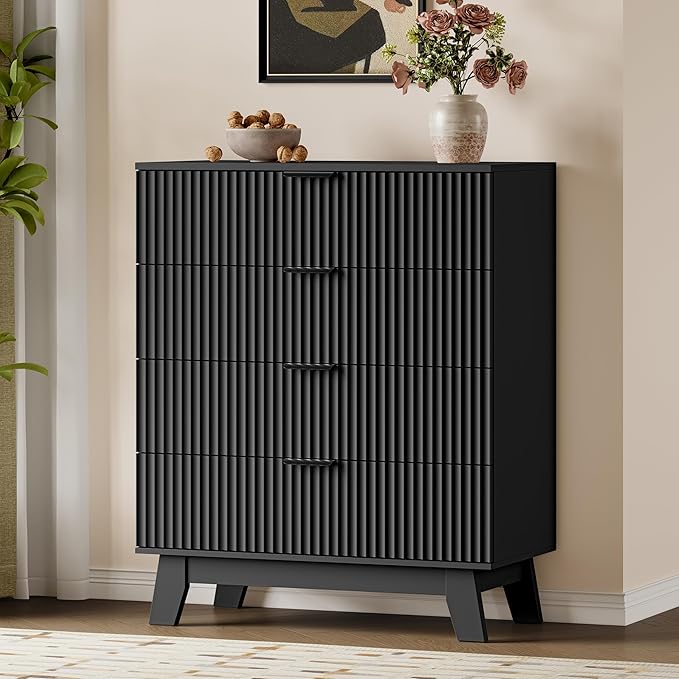 BORNOON 39" Tall Dresser for Bedroom, 4-Drawer Fluted Chest of Drawers, Modern Wood Highboy with Deep Storage, Metal Slides & Handles, Anti-Tip Kit, Vertical Clothes Organizer for Apartment, Nursery