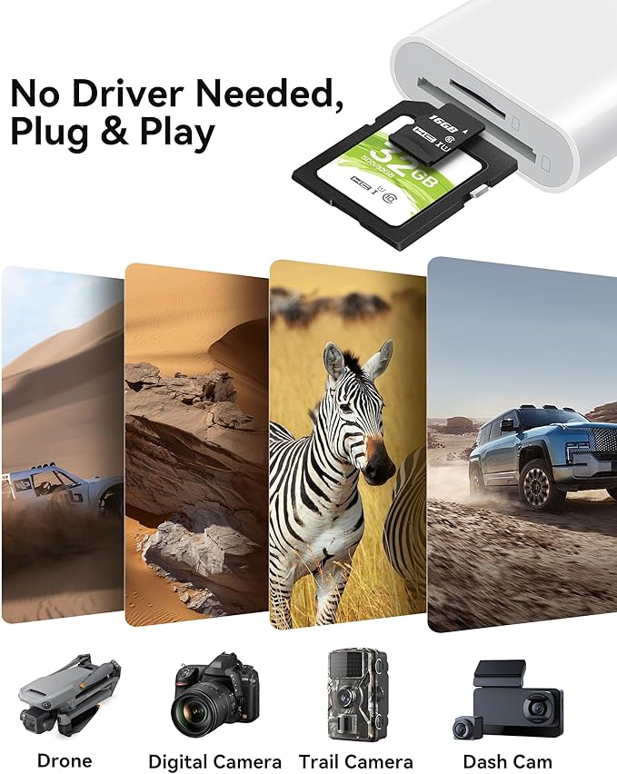 SD Card Reader for iPhone iPad, Dual Connector (Lightening&USB-C) Micro SD Memory Card Reader, 2 in 1 SD and TF Card Adapter Portable Trail Camera Viewer, No Driver Needed, Plug and Play