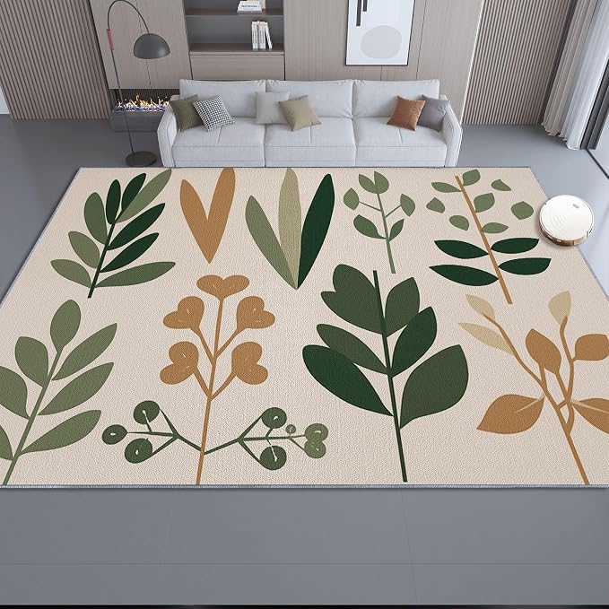 Area Rugs for Living Room, 3x5 Washable Rug Green Soft Low Pile Non-Slip Carpet Stain Resistant Carpets for Bedroom Dining Room Farmhouse Nursery, Retro Leaves Bohemian Plants
