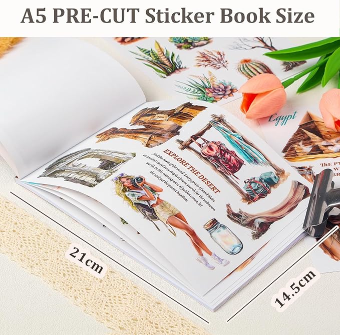 Snycler Sticker Book - 20 Sheets Vintage PET Stickers for Scrapbooking, Junk Journaling, Ephemera, and Decorative Crafts-Desert Travel