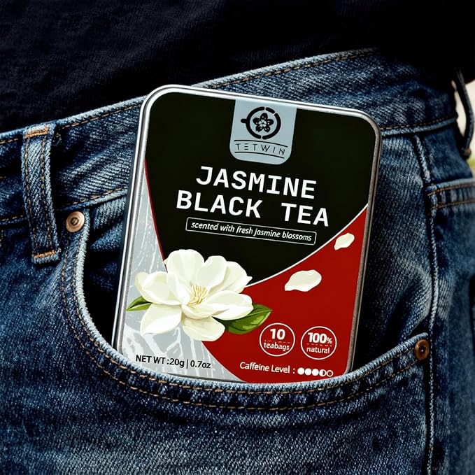 Jasmine Black Tea Bags, 3-Scented Loose Leaf in PLA teabag - Bitterness-Free, Naturally Sweet & Mellow, 10 Count Portable Tin