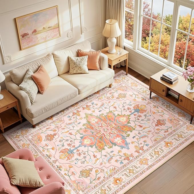 Area Rugs 6'x9' Washable Non-Slip, Floral Vintage Distress Print Pattern Medallion Carpet for Living Room Bedroom Dining Room, Light Pink Colorful