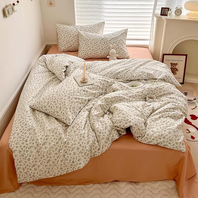 Boho Floral Duvet Cover Queen Aesthetic Floral Comforter Cover Cotton Pink Floral Bedding Set Vintage Botanical French Style Duvet Cover Cute Flower Bedding Cover Cottagecore Comforter Cover Queen