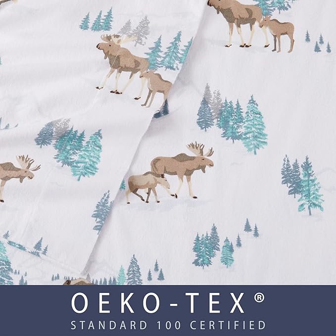 Market & Place 100% Turkish Cotton Flannel Sheet Set | 4 Piece Deep Pocket Novelty Cozy Winter Bed Sheets | Double Brushed for Extra Softness & Comfort | Alpine Collection (Queen, Moose)