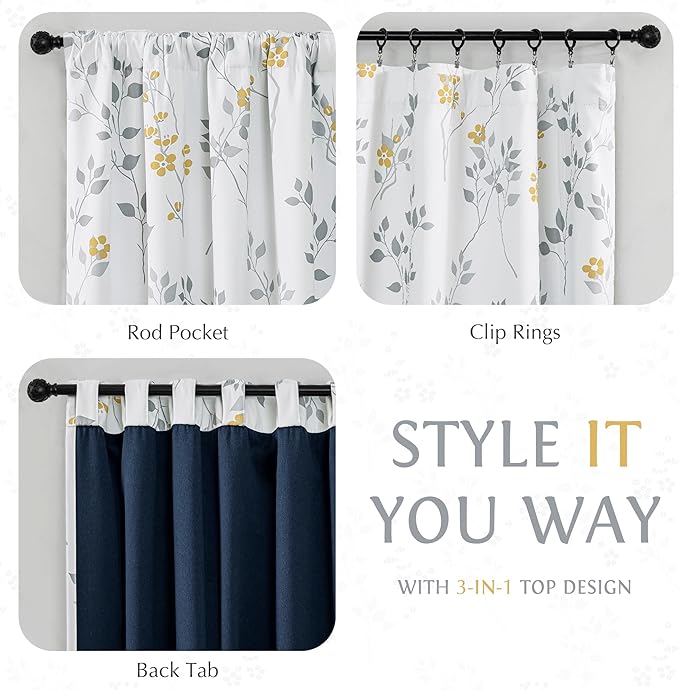 Beauoop Floral 100% Blackout Curtains 84 Inches Long 2 Panels for Bedroom Living Room Yellow Grey and White Flower Patterned Room Darkening Thermal Soundproof Rod Pocket Back Tab Window Drapes, 52X84
