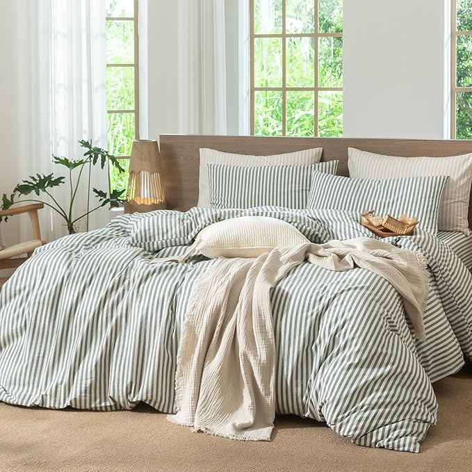 MooMee Striped Duvet Cover Set 100% Washed Cotton Linen Like Textured Breathable Durable Soft Comfy (Heathered Green Classic Stripes, Cal King 104"x98")