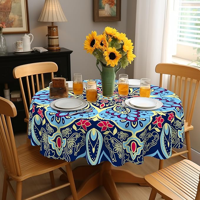 Eikione Round Tablecloth, Boho Tablecloth Waterproof and Wrinkle-Free, Boho Table Covers, Summer Decorations for Home 70inch