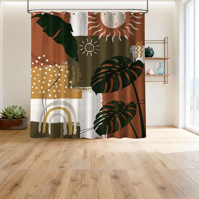 Mid Century Modern Shower Curtain Boho Abstract Tropical Leaf Shower Curtains for Bathroom Decor Sets, Waterproof Cloth Fabric with Hooks, 70x72 Inch