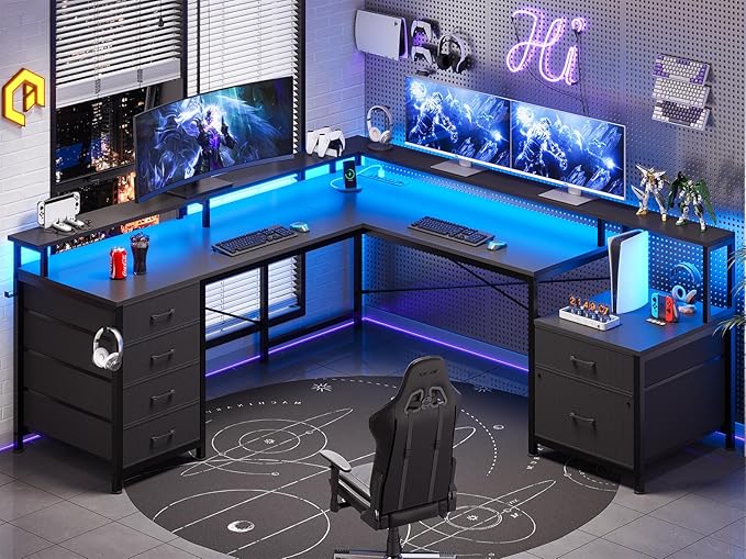 SEDETA L Shaped Desk with 6 Drawer, 108" Home Office Desk with File Drawer & Power Outlet, Corner Computer Desk with Monitor Shelf, File Cabinet, Two Person Desk, Gaming Desk with Led Lights, Black