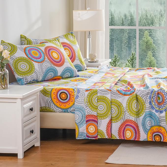 Bedlifes King Sheet Set Ultra Soft, Breathable, Silky Flower Deep Pocket 100% Microfiber Bedding, 4 Piece King Size Mandala Patterned