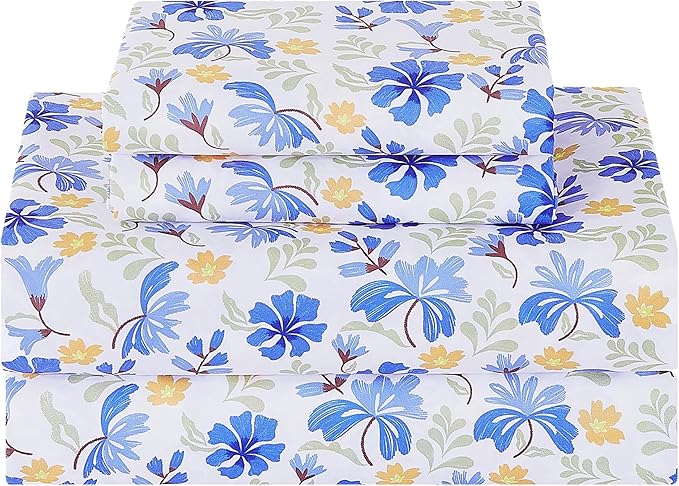 Softan Vintage Blue Floral Full Bed Sheets, Cozy Microfiber Flower Printed Sheets with 15" Deep Pocket Fitted Sheet & Non-Slip Straps, Patterned Floral in Blue & Amber Sheets & Pillowcase Set