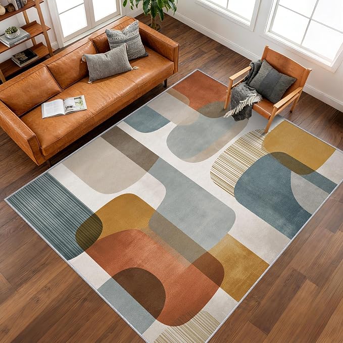 8x10 Mid Century Geometric Rugs for Bedroom Decor, Washable Mid Century Modern Pattern Area Rug, Living Room Home Decoration, Non Slip Soft Thin, Modern Abstract Decor Large Carpet PF-P 117