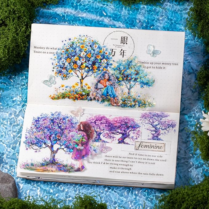 AuriicLeaf Flower Tree Scrapbook Stickers Set, 60PCS Holographic Ephemera for Scrapbooking, Junk Journaling, Crafting, DIY Projects, Diaries, and Art Supplies