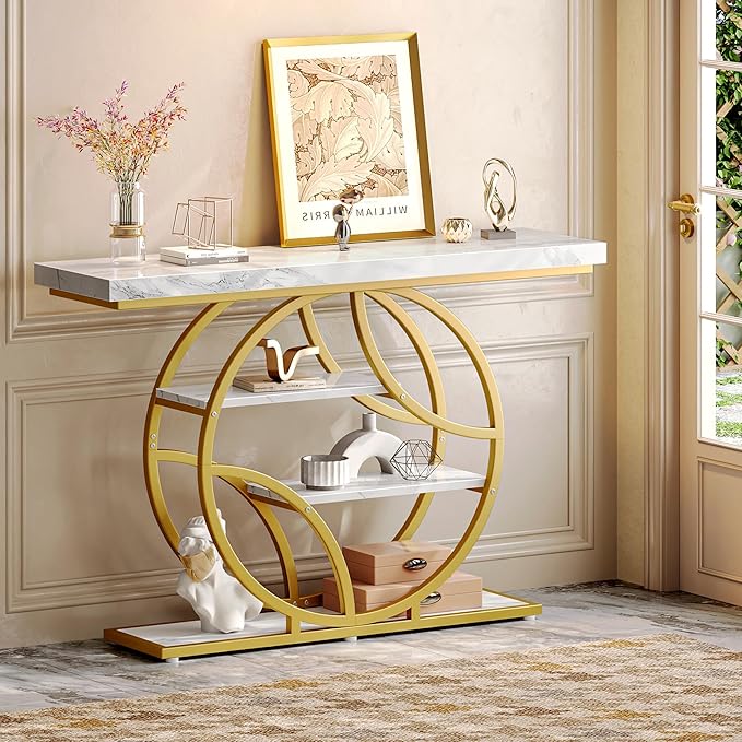 Huuger 47.2 Inch Entryway Table with Marble Top, Modern Console Sofa Table, Accent Table with Shelves, for Entry, Hallway, Entrance, Foyer, O-Shaped Metal Frame, White Marble & Gold