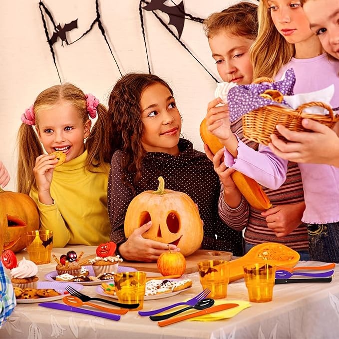 153 Pcs Halloween Plastic Silverware Heavy Duty Disposable Tableware Sets Includes Spoons Forks Knives for Halloween Party Supplies (Black Orange Purple)
