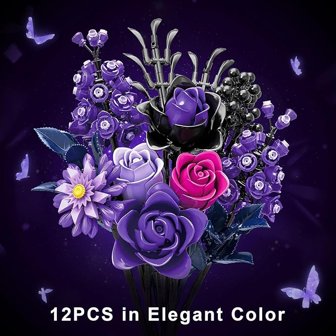 Purple Roses Bouquet Building Blocks Set, Botanical Collection Artificial Flowers Compatible with Lego Flowers, Christmas Decor Gift for Adults Teens Women, Gothic Home Decor Bouquet