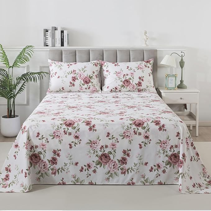 FADFAY Beige Vintage Floral Full Size Sheets Set Premium 100% Cotton Shabby Brick Red Rose Pattern Bedding Set Deep Pocket Sheets with 2 Pillowcases Luxury Breathable Soft 4Pcs, Full Size