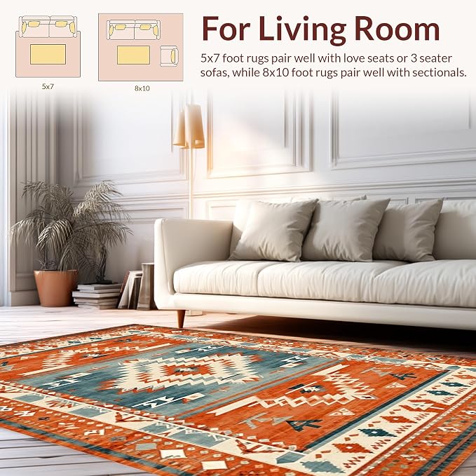 Flatwoven High Traffic Area Rug 8x10, Stylish Southwestern with Warm Hues and Unique Textures, Non Slip, Stain Resistant, Washable Area Rugs for Living Room, Bedroom (Red, 8x10)