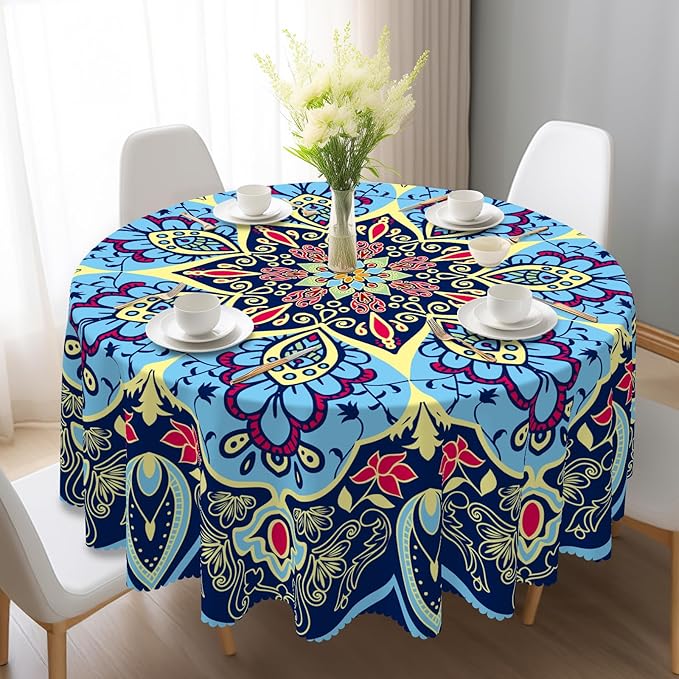 Eikione Round Tablecloth, Boho Tablecloth Waterproof and Wrinkle-Free, Boho Table Covers, Summer Decorations for Home 60inch