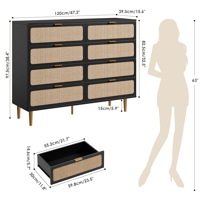 Garvee Rattan Dresser with 8 Drawers, Tall Modern Closet with Deep Storage, Large Chest of Drawers with Wide Top, Long Wooden Dresser for Bedroom, Living Room, Hallway, Kids Room, Black