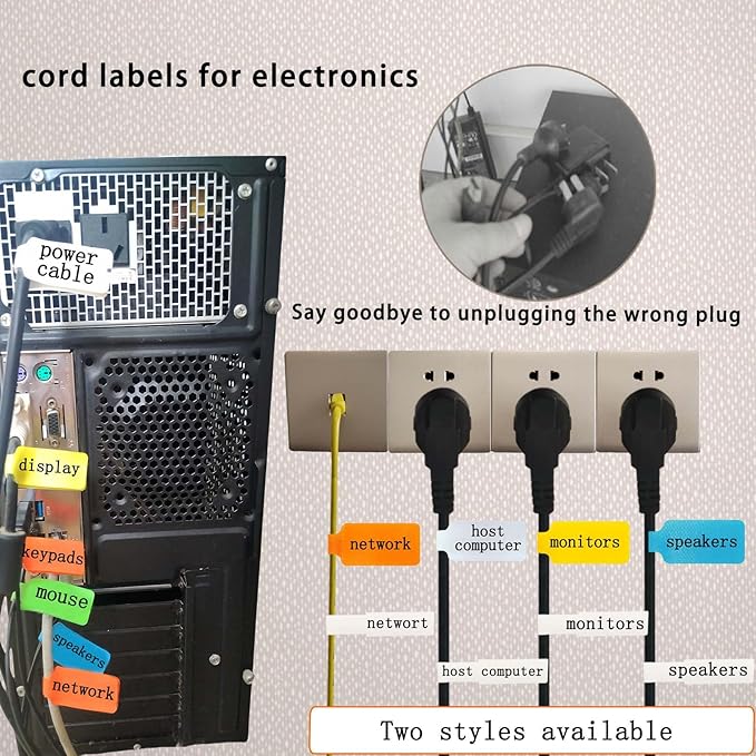 50-Pcs Cable Labels & Cord Tags - 20 Reusable Large Wire Tag + 30 Tear-Resistant White Cords Label,Write-On Water-Resistant Multicolor Wire Marker for Identifying Electrical and Charging Cords