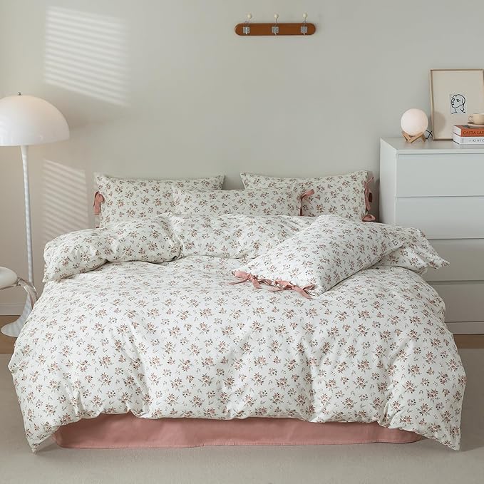 EAVD Vintage Style Garden Pink Floral Duvet Cover Full White Soft Cotton Chic Shabby Pink Floral Bedding Set with 2 Pillowcases Reversible Fresh Botanical Duvet Cover with Zipper Closure