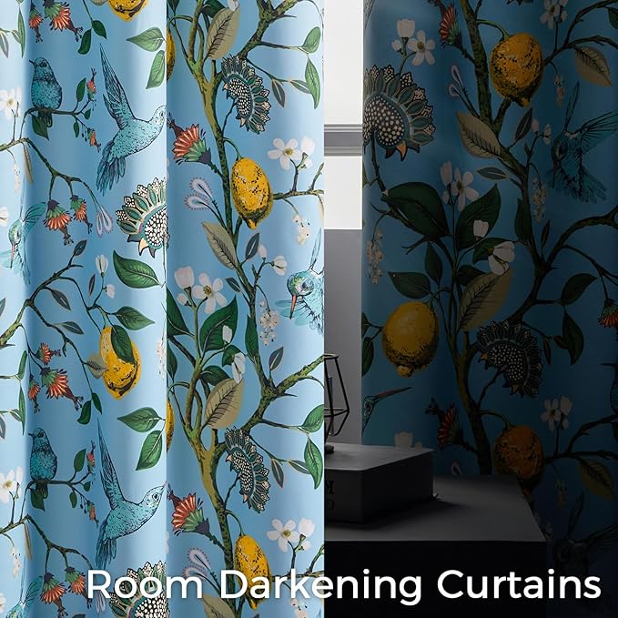Blue and White Patterned Floral Aesthetic Curtains 84 Inch Length Farmhouse Vintage Pinch Pleated Drapes Birds Luxury 2 Panels for Kid Bedroom Living Room, Chambray Blue