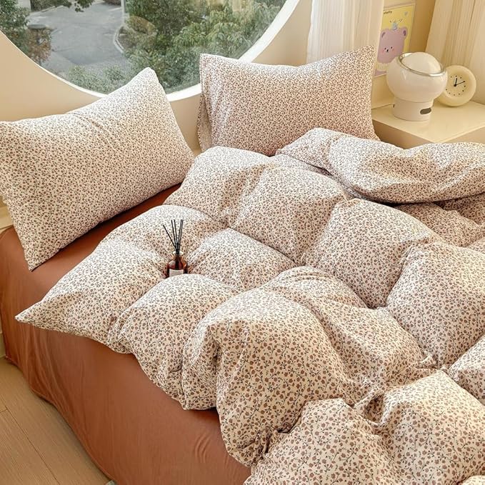 EAVD Chic Garden Small Floral Duvet Cover Queen Soft 100% Muslin Cotton Feel Gauze Vintage Floral Bedding Set with 2 Pillowcases Cottagecore Botanical Print Duvet Cover with Zipper Closure