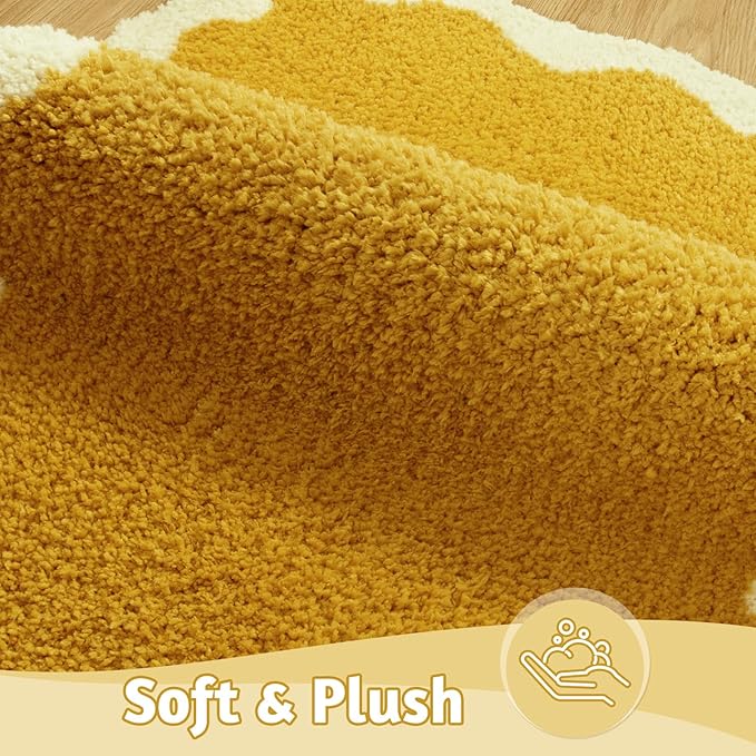 Uphome Bath Mats for Bathroom, Soft Shaggy Microfiber Absorbent Bathroom Rug Non Slip, 18x26 Cute Scalloped Machine Washable Bathroom Mat for Shower, Floor, Tub, Sink, Yellow