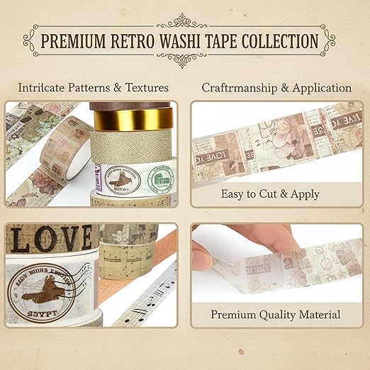 Sifaolp Washi Tape Set, 24 Rolls Vintage Washi Stickers, Assorted Sizes, for Junk Journal Scrapbook Tape, Bullet Journaling Scrapbooking Supplies, Planner Sticker DIY Craft DéCor (Brown)